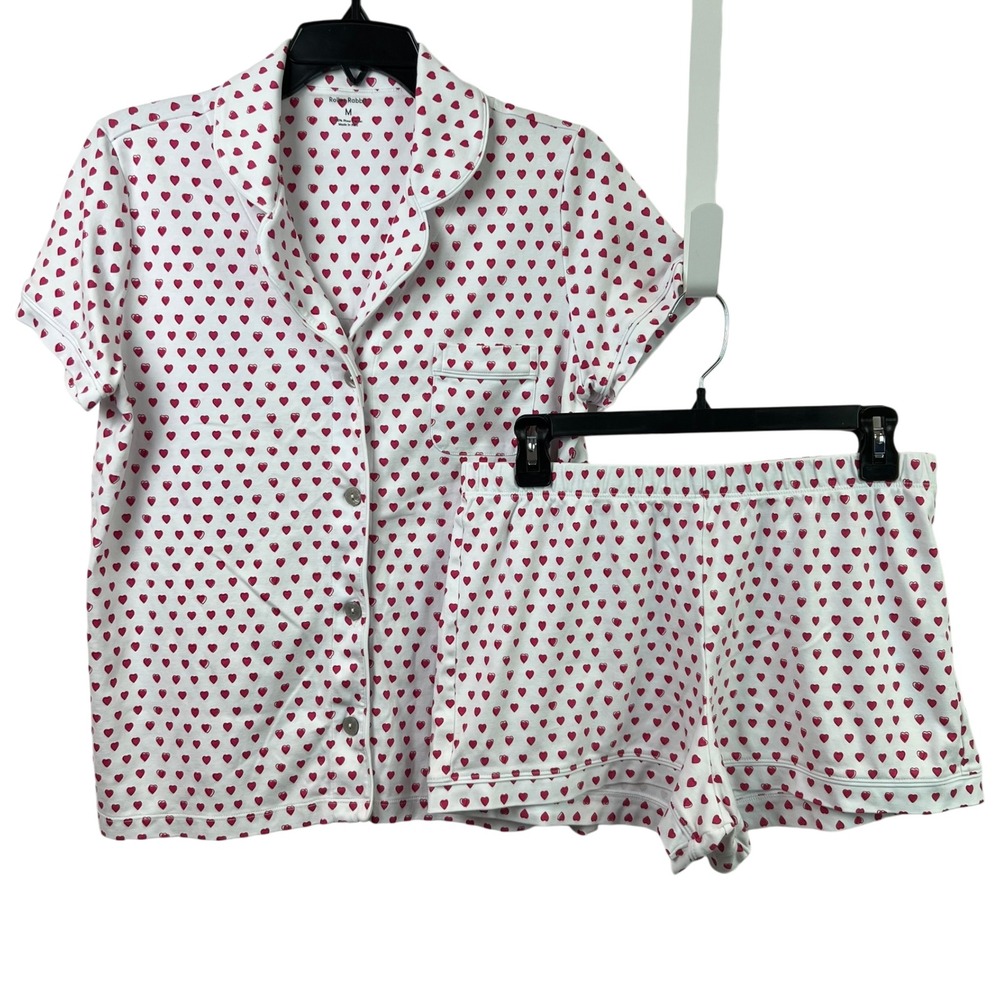 Roller Rabbit Heart Pajama Set Women Medium White Red Pima Cotton Sleepwear Soft